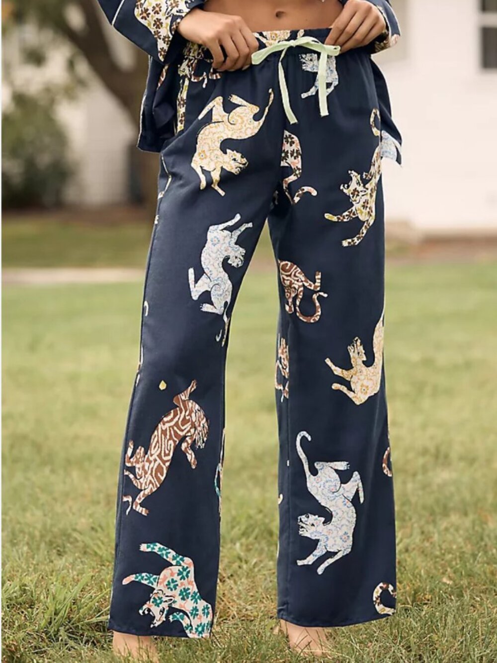Anthropologie Flannel Pajama Sleep Pants Navy Blue Tiger/Leopard/Cat Print Small